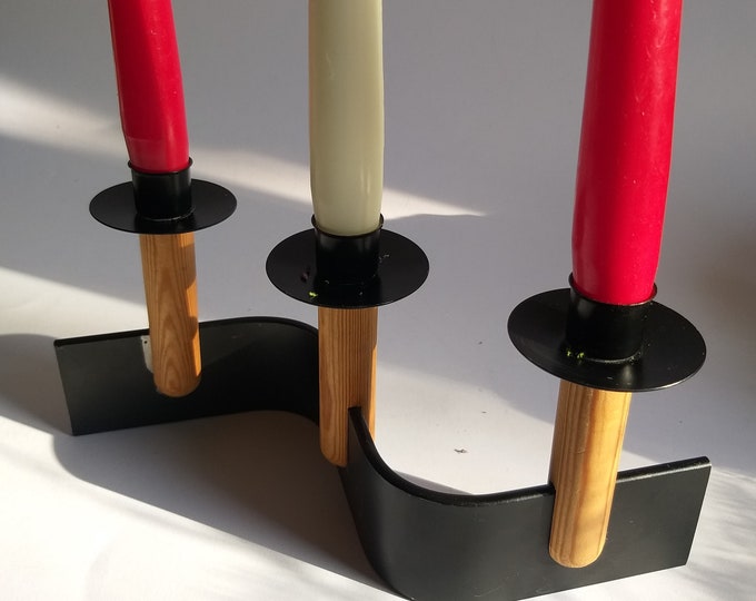 Black Painted Metal and Wood Candle Holder from Sweden for Tree Candles. Nicely Designed Vintage Home Decor.