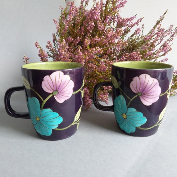 Hand Painted Black and Purple Ceramic Coffee Mug/Latte Mug.