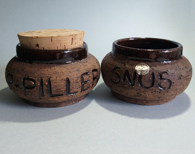 Set of 2 Vintage Laholm Keramik Sweden Ceramic Semi Glazed Jars Containers With Carved Words - Snuff and Pills. Designed by Scott Anderberg