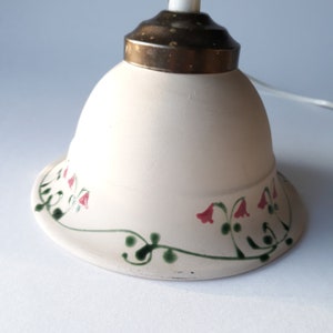 Gabriel Ceramic Sweden. Beige Stoneware Pendant Lamp Shade with Glazed Hand Painted Linnea Floral Decoration Around. Vintage Swedish Pottery