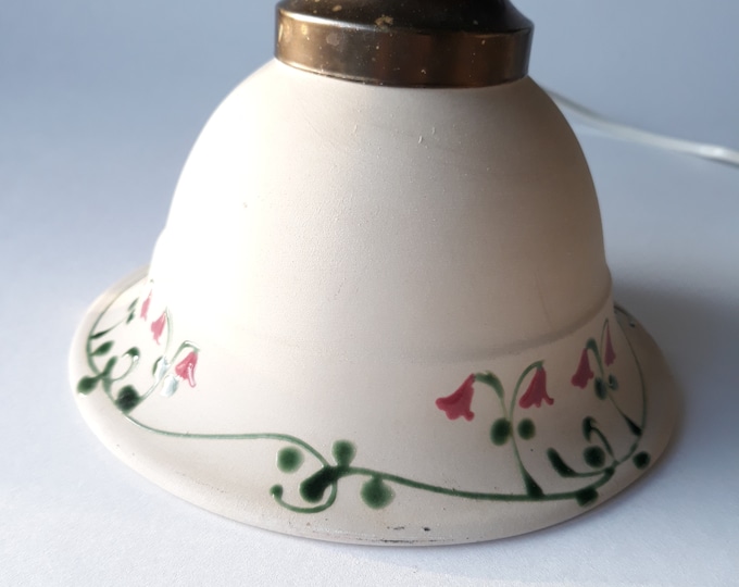 Gabriel Ceramic Sweden. Beige Stoneware Pendant Lamp Shade with Glazed Hand Painted Linnea Floral Decoration Around. Vintage Swedish Pottery