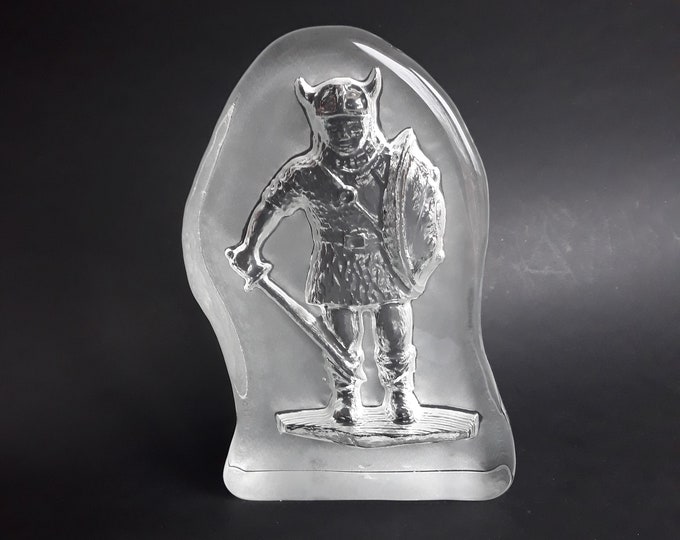Large Eda Kristall Nya Glasbruket Sweden Viking Warrior Paperweight. Clear Textured Crystal Glass. Vintage Swedish Art Glass. Home Decor.