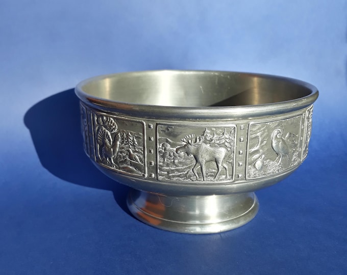 Vintage Eik Tinn Norsk Norway Pewter Pedestal Bowl with Panels decorated with Scenes of Animals. Nerwegian Metal Art. Viking Home Decor.