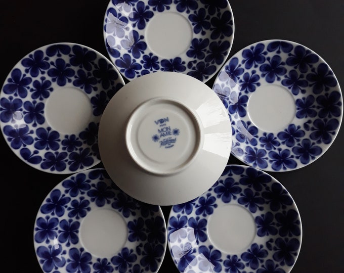 Pair of Vintage Saucers Mon Amie Rörstrand. Blue White Floral Pattern Designed by M. Westman. Scandinavian MSM Design. Swedish Porcelain.