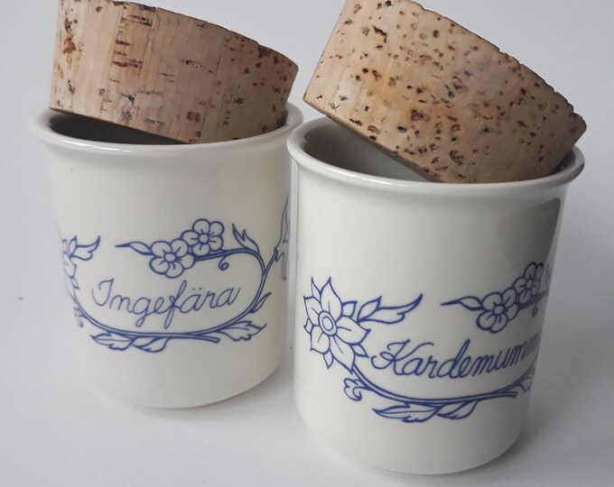 Set of Two Arabia Ceramic Spice Jars in White and Blue Colour. Finnish Design by Raija Uosikkinen. Cork Lids. Vintage from 80s.