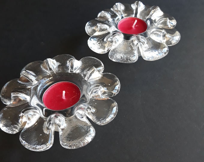 Pair of Kosta Boda Sweden Crystal Glass Tealight Holders Krinolin. Beautiful Elegant Shape. Designed by Göran Wärff. Vintage Swedish Glass.