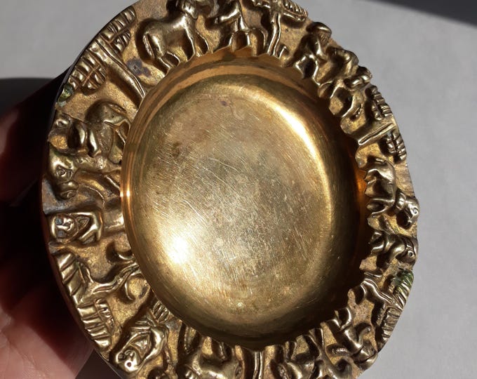 Vintage Brass Ashtray. German Brutalist Style. People, Trees and Horses. Patina. A fascinating Piece of Home Decor from 50s.