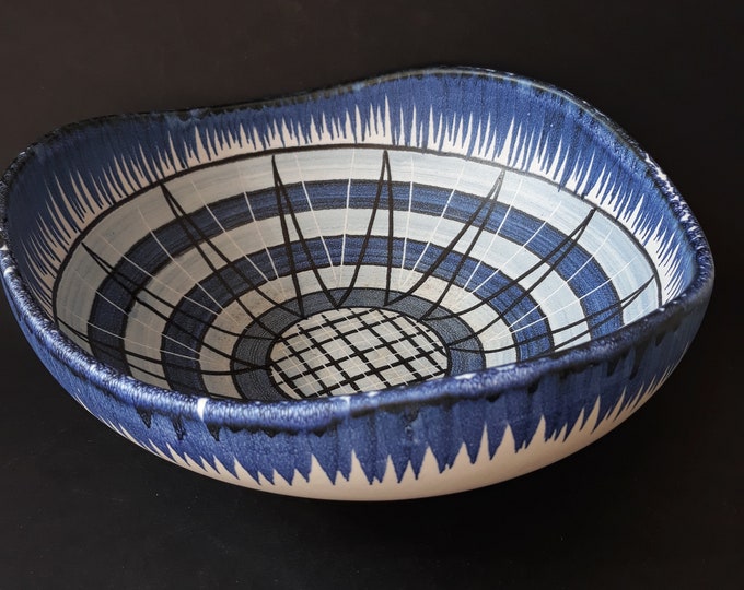 Rare Original Vintage Signed Norway Mid Century Modern Norse Studio Art Pottery Large Bowl. Geometric Pattern. Wavy Edge. Signed, Numbered.