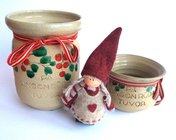Set of 2 Swedish Traditional Ceramic Jars for Lingonberry Jam. Glazed Red Orange Berries, Green Leaves. Vintage Pottery from Sweden. Signed.