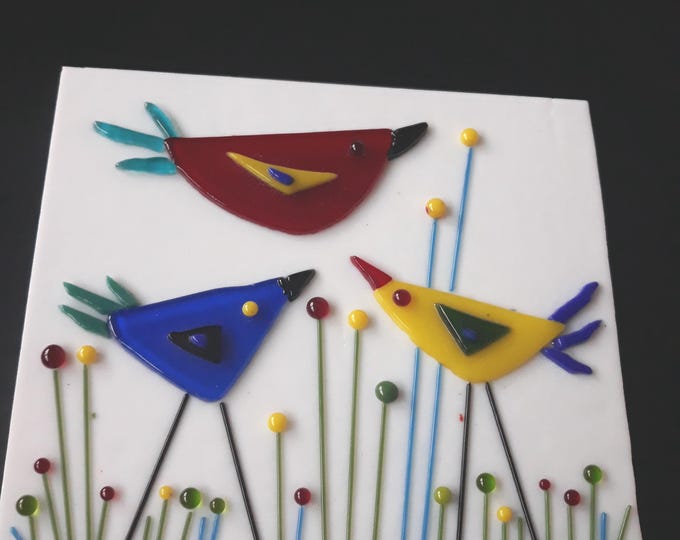 Fused Glass Decoration. Stylized Colourful Birds in Grass on White Base. Hand Made. Cute Home Decoration.