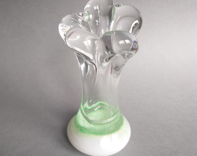 Small Vintage Art Glass Vase for Spring Flowers. Clear Green and White Colour Glass. Lovely Home Decoration Piece.