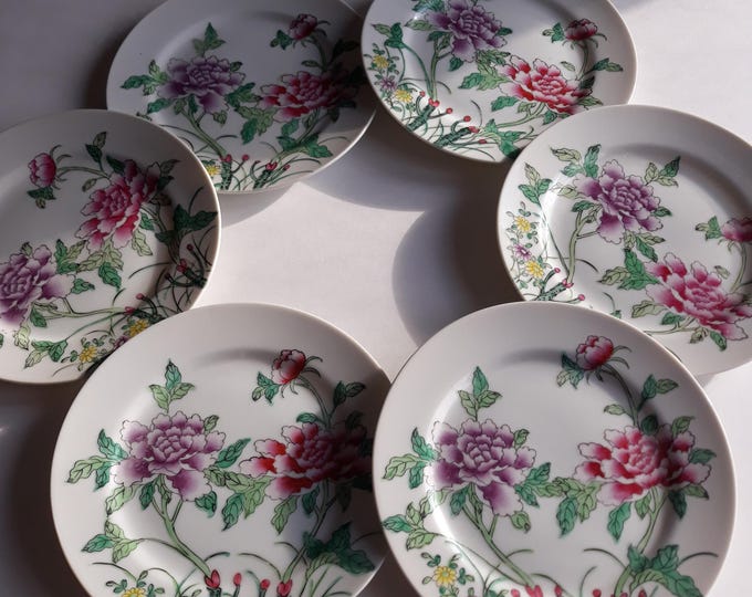 Set of 6 Oriental Porcelain Cake, Fruit or Desert Plates (7.36") in Beautiful Floral Pattern. Peonies in Pink, Purple Colours. Marked.