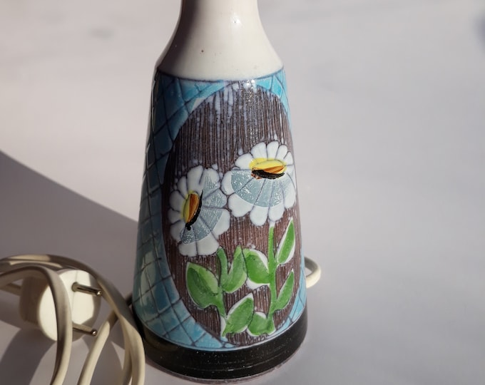 Vintage Alingsås Ceramic Sweden Table Lamp Base in Sgraffito Technique. Floral Daisie Decor. Blue White and Black Colours. Swedish Pottery.