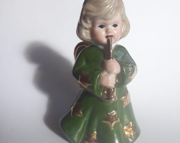 Beautiful Vintage Swedish Porcelain Christmas Angel with Flute. Hand Painted Figurine. Decorated with Gold. Signed. Collectable.
