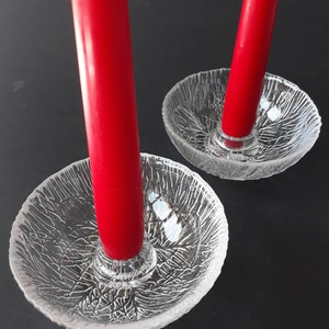 Pair of Hadeland Norway Crystal Glass Candlestick Holders. Textured Pine Pattern. Design is Severin Brorby. The Series Name is Furu (Pine).