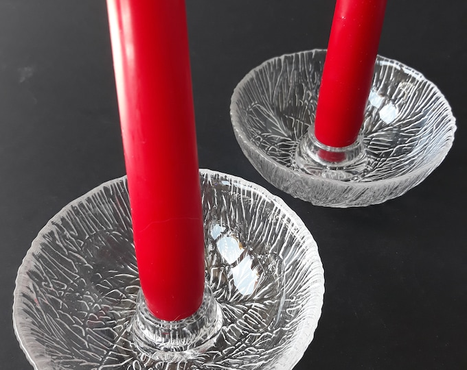 Pair of Hadeland Norway Crystal Glass Candlestick Holders. Textured Pine Pattern. Design is Severin Brorby. The Series Name is Furu (Pine).