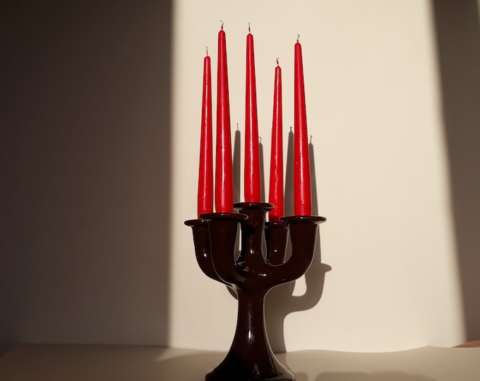 Guldkroken Hjo Sweden. Large Brown Glazed Five Arm Candelabra / Candle Holder. Design Märta Grunditz. Vintage Scandinavian Pottery.