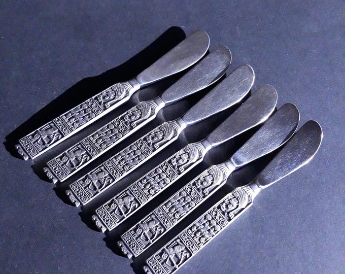 Norwegian Pewter Konge Tinn Flatware. Scandinavian MCM Style. Set of 6 Butter Knifes. Pewter, Stainless Steel. Motif tribute to King Olaf.