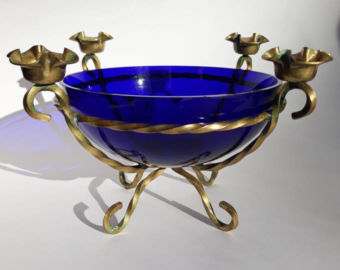 Sweden Candelabra Designed by Gunnar Ander for Ystad Metall. A Unique Combination of Metal and Cobalt Glass. Swedish candle holder from 50s.