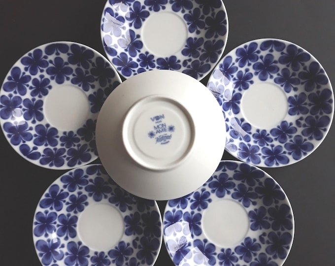 Pair of Vintage Saucers Mon Amie Rörstrand. Blue White Floral Pattern Designed by M. Westman. Scandinavian MSM Design. Swedish Porcelain.