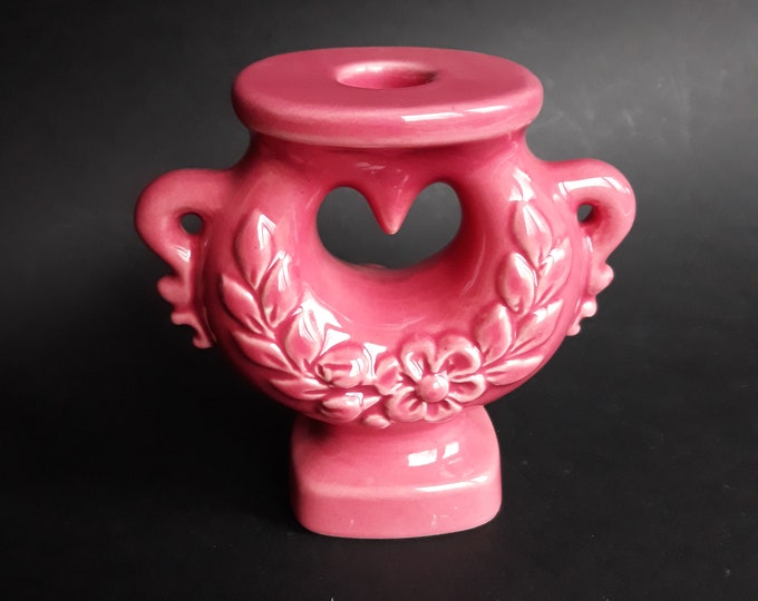 Guldkroken Sweden. Ceramic Rose Colour Candle Holder with Flower Relief. Good for Thick Candles. Swedish Vintage Romantic Candle Holder.