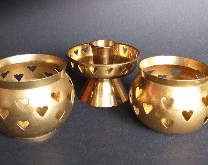 Set of Three Vintage Brass Tealight and Candle Holder in Heart Pattern. Akta Massing Small Brass Votive Candleholders. Made in Sweden.
