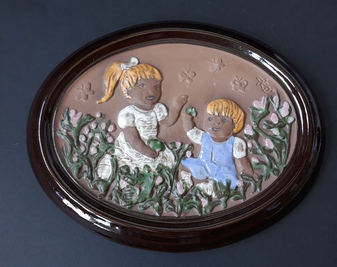 Vintage Gabriel Sweden Oval Ceramic Wall Plaque No  A179.  Children are playing.  Made in Sweden.  Home Wall Decoration. Marked.