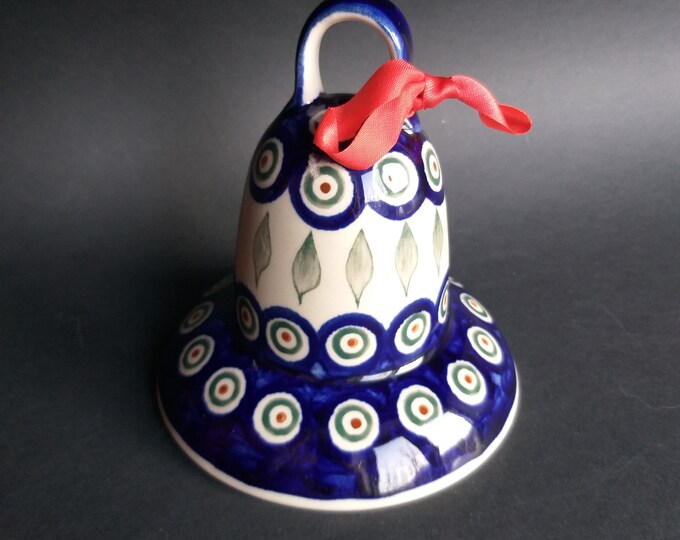 Boleslawiec Poland Pottery Ceramic Bell with sturdy Hook. Beautiful Hand Painted Peacock Pattern. Nice Clear Sound. Polish Home Decoration.