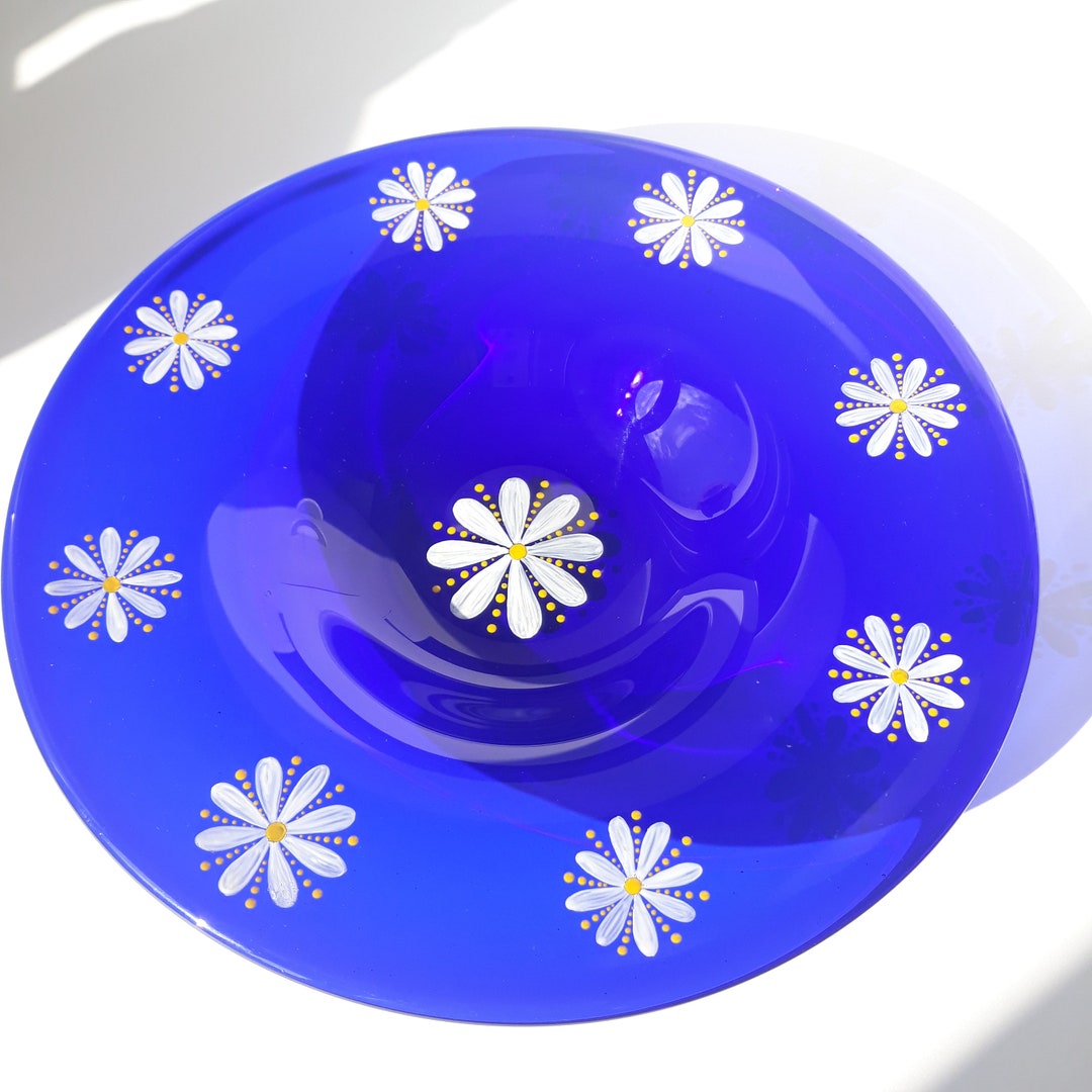 Vintage Large Swedish Cobalt Blue Glass Bowl. Hand Painted. Etsy