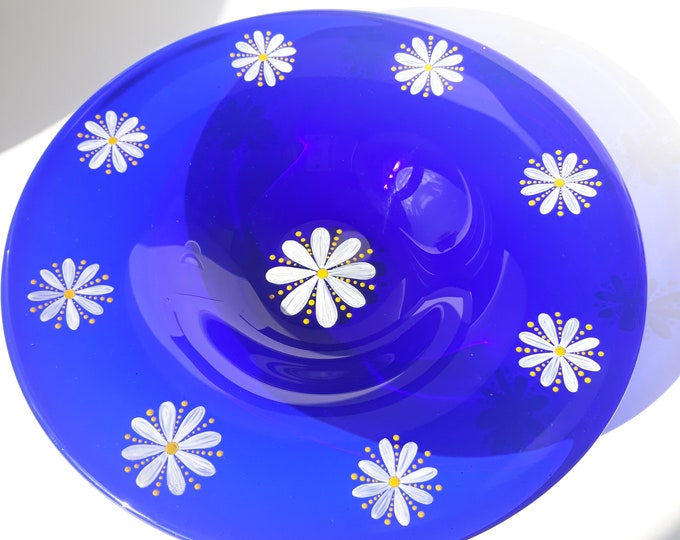 Vintage Large Swedish Cobalt Blue Glass Bowl. Hand Painted. Thick and Heavy Glass. Floral Design. Beautiful Home Decoration Piece.