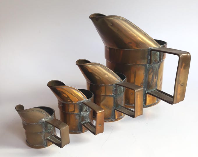 Antique Brass Measuring Cups. Duck Billed Jugs Pitchers. Unpolished. European Country Kitchen Decor. Old Country Farmhouse Decor. Marked.