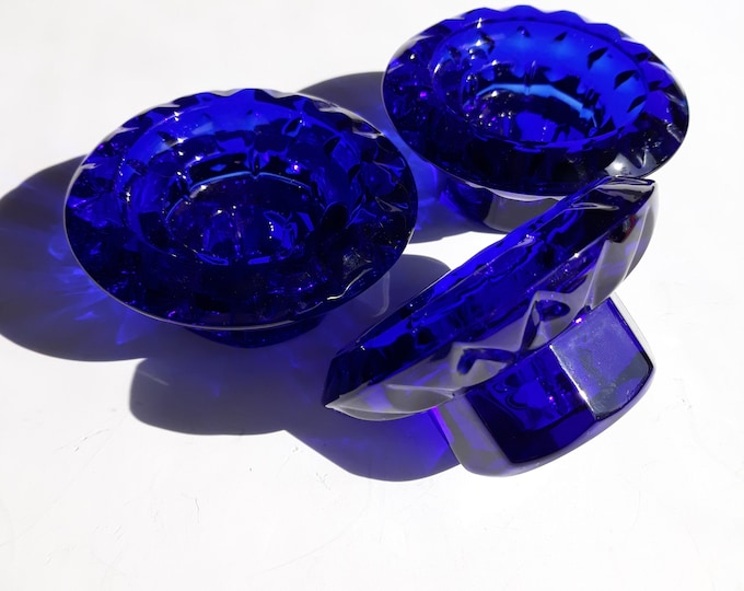 Set of 2 Cobalt Blue Glass Vintage French Candleholders. Fits Two Different Sizes of Candles. Fantastic Deep Purple Blue Colour. Home Decor.