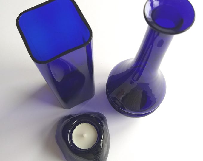 Choice of Vintage Cobalt Blue Square Vase, Carafe Vase or Heavy Scandinavian Cristal Glass Tealight Holder. Beautiful Colour. Home Decor.