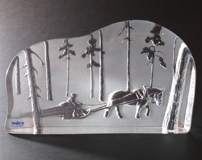 Nybro Sweden. Amazing Large Art Glass Piece. Clear Frosted Crystal Glass. Winter Theme - Logger, Sleigh, Horse, Snowy Forest. Vintage Decor.