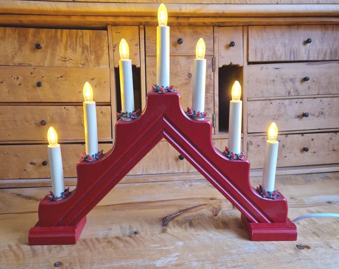 Sweden Red Wooden Electric Christmas Candleholder for Seven Electric Lights in Candle Shape. Original Label. Scandinavian Home Decor.