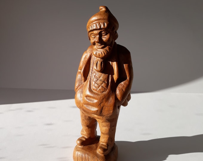 Large (12 ") Hand Carved Wood Sculpture of Smiling Older Man in a Weared Jacket and Dwarf Hat. Beautiful Wooden Figure from Germany. Signed.