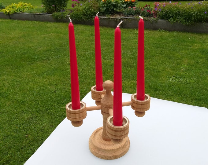 Vintage Swedish Turned Pine Wood Four Arm Candelabra, Candle Holder. It can accommodate Candles of Different Sizes. Scandinavian Design.