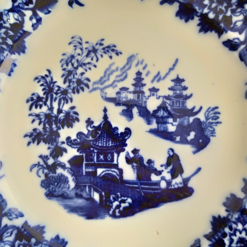 Antique Rörstrand Flow Blue Plate. Beautiful Old Swedish Porcelain Plate. Oriental Scene. Border Decorated with a Plant Motif. Collectable. image 8