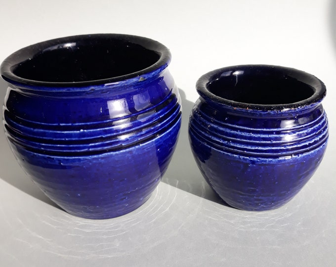Set of 2 Steninge Lergods Sweden Vintage Ceramic Jars Glazed in Cobalt Blue Colour. Hand Made Swedish Pottery. Nordic Scandinavian  Design.