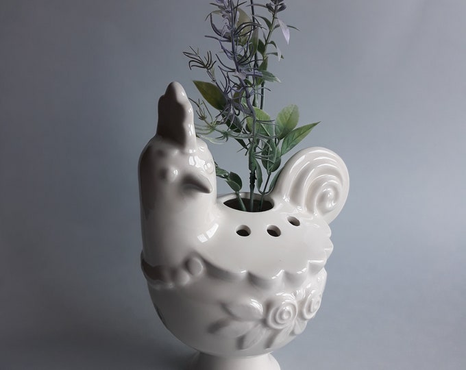 Rosa Ljung i Torekov Sweden. Beautiful Ceramic Rooster Figure. Ecru Colour Vintage Home Decor Vase Candle Holder. Flower Relief Pattern.