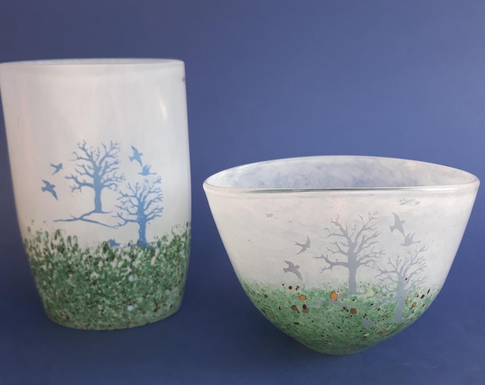 Kosta Boda Sweden Glass Vase or Bowl. October Series. Design by Kjell Engman. Autumn with Landscape Design. Leafless Trees, Birds.
