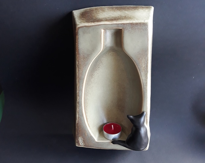 Gabriel Sweden. Unique Ceramic Tea Light Holder With Dark Cat Figure. Thick Wall Hanging Decor in Brown Tone. Vintage Scandinavian Pottery.