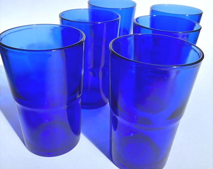 Set of 6 Vintage Santa Marina Brazil Cobalt Blue Cristal Resistente 250ml Juice Glasses, Drinking Glasses, Tumblers. Marked on Bottom.