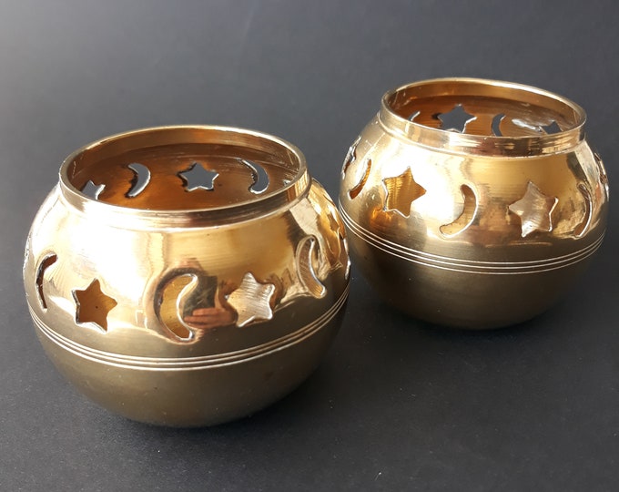 Set of Two Vintage Brass Tealight Candle Holders in Moon or Star Pattern. Small Brass Votive Candleholders. Thick and Sturdy Brass.