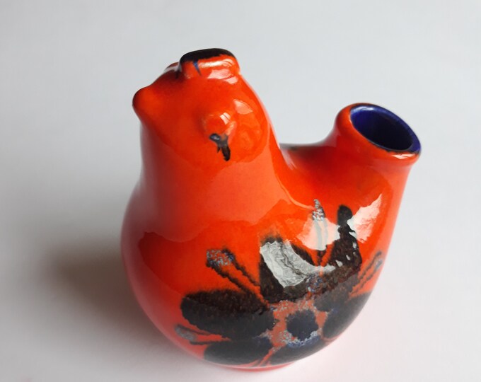 Helsingborg Deco Sweden. Orange Colour Ceramic Bird Figurine Vase with Hand Painted Black Flowers. Vintage Swedish Art Pottery. Home Decor.