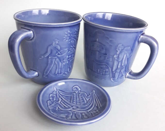 Set of 2 Rorstrand Sweden Ceramic Mugs and Small Dish for Tea Bags. The Decoration is Embossed. Blue Shiny Glaze. Marked.
