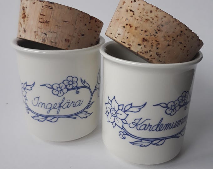 Set of Two Arabia Ceramic Spice Jars in White and Blue Colour. Finnish Design by Raija Uosikkinen. Cork Lids. Vintage from 80s.