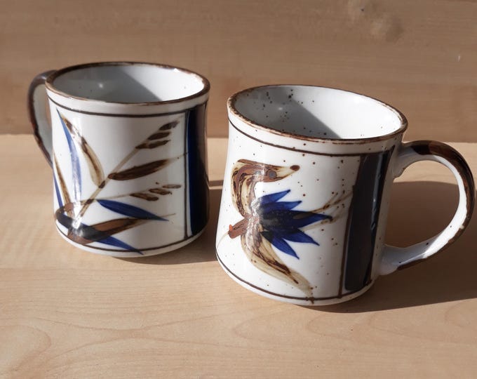 Pair of Vintage Stoneware Mugs in Otagiri Style. Base with Spackles. Brown Blue Colour Tones. Abstract Nature Motifs.