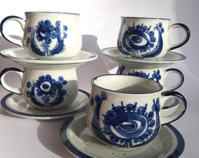 Vintage Stengods Sweden Studio Pottery Speckled Stoneware Coffee Cups with Saucers. Nordic Design. Blue Hand Painted Decor.