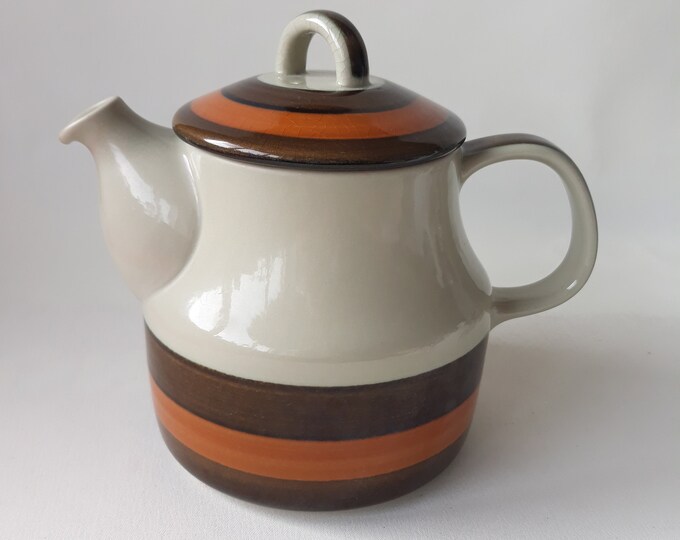 Rörstrand Sweden Stoneware Tea Pot with Broun and Orange Circle Decor. Pattern "Annika". Design by Marianne Westman. Scandinavian Design.